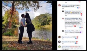 A screen-capture of a Facebook gallery photo. The photo depicts Nick Cerce and Andrea Battaglia kissing in front of a lake, likely during October 2018. A frame to the right includes the Facebook comment chain attached to the photo, with Battaglia as "Dreiiaa Rose" chatting with her social media friends.