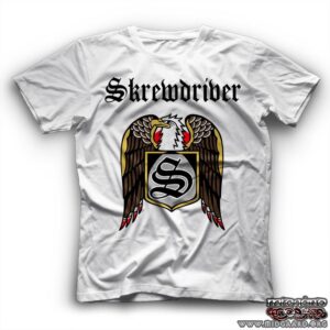 A white t-shirt with neo-Nazi music act Skrewdriver branding on it, in the form of gothic text of the band's name and a fashy eagle logo with a shield emblazoned with the letter "S" in the same gothic font as the band's name.
