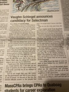A photo of a story in the Quaboag Current newspaper, posted January 19th 2024 on the "Vaughn Schlegel for Selectman" Facebook page. Titled "Vaughn Schlegel announces candidacy for Selectman," it is a letter written in the first person to the residents of North Brookfield MA from Schlegel, asking them to vote for him.