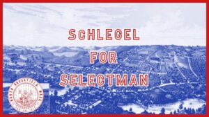 The top banner from the "Vaughn Schlegel for Selectman" Facebook page. It appears to be an artistic rendition of an idyllic townscape, painted as if viewed from a hot air balloon. Whatever color the artwork had, it has been reduced to a blue monochrome. Super-imposed on the art is the North Brookfield MA town seal, and the text "Schlegel For Selectman," both rendered in a vivid red.