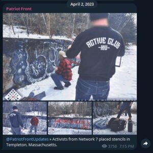 A screenshot of a post made on the Patriot Front channel over social media service Telegram. Dated April 2nd, 2023, it features four images of two men, likely to be Vaughn Schlegel and known Patriot Front member Brian Harwood, vandalizing a stone wall with Patriot Front graffiti. They are vandalizing the same wall and wearing the same outfits they wore in the previous Bay State Active Club image. The post accompanying the images reads "@PatriotFrontUpdates: Activists from Network 7 placed stencils in Templeton, Massachusetts."