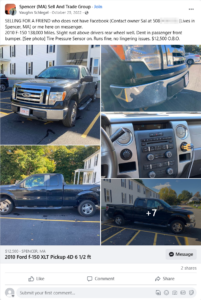 A screenshot of a post made on the Spencer MA Sell and Trade Group on social media service Facebook. Dated October 22nd, 2022, a post made by Vaughn Schlegel advertises a Ford F-150 XLK four-door pick-up truck. There are five visible pictures attached of the exterior and interior of the truck. The text accompanying the ad reads: "SELLING FOR A FRIEND who does not have Facebook (Contact owner Sal at [phone number redacted], lives in Spencer MA), or me here on Messenger. 2010 F-150, 138,000 miles. Slight rust above drivers rear wheel well. Dent in passenger front bumper (see photo). Tire pressure sensor on. Runs fine, no lingering issues. $12,500 or best offer."