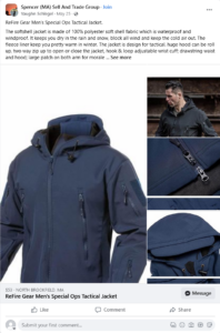 A screenshot of a post made on the Spencer MA Sell and Trade Group on social media service Facebook. Dated May 25th, 2023, a post made by Vaughn Schlegel advertises a ReFire Gear Men's Special Ops Tactical Jacket in navy blue, for $53. There are a number of promotional photos of the overshell attached to the post, as well as text, which reads: "The softshell jacket is made of 100% polyester soft shell fabric which is waterproof and windproof. It keeps you dry in the rain and snow, block all wind and keep the cold air out. The fleece liner keep you pretty warm in winter. The jacket is design for tactical, huge hood can be roll up, two way zip up to open or close the jacket, hook & loop adjustable wrist cuff; drawstring waist and hood; large patch on both arm for morale..." The remainder is cut off by the "See more" tag.