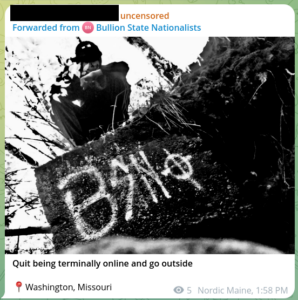 A Telegram post from the Bullion State Nationalists. It features a photo of a man standing on a vandalized rock somewhere in the woods around Washington, Missouri. The text below the photo reads, in bolded text, "Quit being terminally online and go outside."