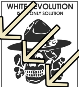 A black-and-white propaganda image of a totenkopf in a ranger's hat. There is text above the skull. There is a black frame around three quarters of it, with the bottom border missing. The image has been defaced with three arrows, pointing down and to the left.