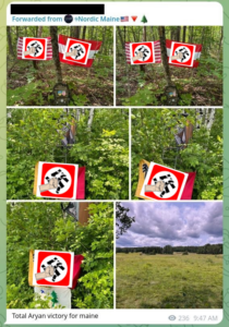 A Telegram post on one of Langille's accounts. It features six photos. Five are of various flags, all defaced with an icon of a fist punching a broken swastika, hung in the wilderness. The sixth is of an open pasture on a cloudy day. The text accompanying the post, below the photos, reads "total Aryan victory for Maine."