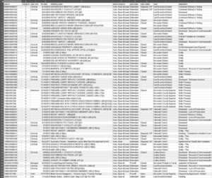 A screenshot from a spreadsheet. The spreadsheet itself lists an index of Irwin's court cases and charges. Over 20 years, Irwin has been in court over 30 times, on well over 60 separate charges, largely as a criminal defendant. The charges against him include assault & battery (including on family members and one pregnant woman), possession on firearms without permits, drug possession, violation of an abuse prevention order, and attempted murder. He also has a handful of custody actions and a vehicular personal injury claim as a plaintiff.