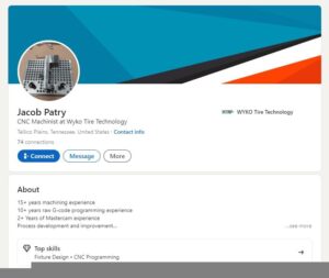 A screenshot of a LinkedIn profile belonging to Jacob Patry. Among other details, he lists himself as a CNC Machinist at Wyko Tire Technology, and has his location set as Tellico Plains, Tennessee.