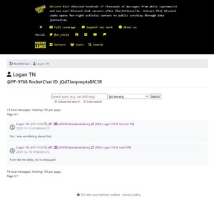 A composited screenshot of UnicornRiot's leaks of Patriot Front's internal Rocketchat server. It's the user profile for Patry as Rocketchat member "Logan TN." The screenshot collapses Patry's posting history of 74 posts, largely regarding the coodination of transport to and from Washington DC for Patriot Front's 2021 march, into his earliest and latest posts, dated November 15th 2021 and December 16th 2021.