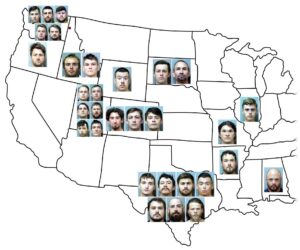 A map of the contiguous United States minus the northeastern tri-state and New England areas. Coeur d'Alene ID is marked with a red dot. Marked on several states are mugshots of Patriot Front members, taken during their June 2022 arrests for allegedly attempting to start a riot at a Coeur d'Alene LGBT+ pride event. Of the 31 members arrested, only 2 are marked as having come from Idaho. As for the rest: 7 from Texas, 6 from Utah, 5 from Washington, 3 from Colorado, 2 from South Dakota, and 1 each from Oregon, Wyoming, Illinois, Missouri, Arkansas, and Alabama.