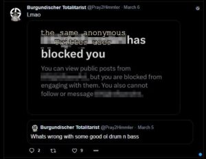 A Twitter post by Colwell, from his Pray2Himmler account, dated March 6th, 2025. Colwell posts a screenshot of the previous Twitter user having blocked him. Colwell's response is "Lmao."