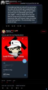 A Twitter post by Colwell, from his Pray2Himmler account, dated April 29th, 2025. In reply to a post from another Twitter user, acting as an in-between, mentioning that the troll who took credit for the straw.page hack had all of his accounts suspended, Colwell attempts to pass on his own Telegram contact info to the in-between.
