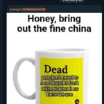 A post from Colwell's current Telegram channel, dated February 28th, 2025. The post features an image of a personalized mug, with text over it. The text over the mug says "Honey, bring out the fine china". The image of the mug has been defaced. The word "Dead" is visible, and below that, covering the words underneath, is the statement "you don't need to read it and I don't want to post it so here we are".
