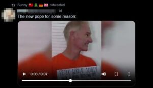 A screenshot of a Twitter post. The post, made by someone with their icon set to the man responsible for the 22/7 attacks in Norway, states "the new pope for some reason" before including a video of child predator Peter Scully. Colwell is marked as having retweeted the post.
