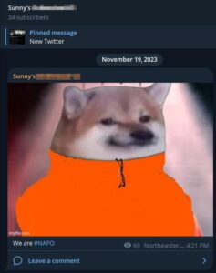 A post from Colwell's current Telegram channel, dated November 19th, 2023. The post features an image of a distorted Shiba Inu or Akita dog, photoshopped to look like it's wearing an orange turtleneck with black half-frame glasses hanging from the collar. This outfit bears resemblance to the one child predator Peter Scully wore during his interview with Tara Brown of 60 Minutes Australia. The text accompanying the image says "we are #NAFO".