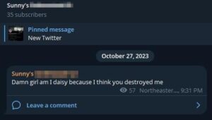A post from Colwell's current Telegram channel, dated October 27th, 2023. The post simply reads "Damn girl am I daisy because I think you destroyed me." This is an overt reference to the most notorious video produced by child predator Peter Scully.