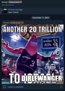 A post from Colwell's current Telegram channel, dated December 11th, 2023. The post is a meme of Patrick Star from Spongebob Squarepants. He wears a basketball jersey, his arms spread wide. Text is overlaid on the image in a meme format, reading "another 20 trillion to Dirlewanger".