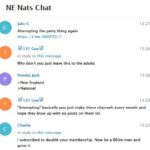 A screenshot of a Telegram chat log from the "NE Nats Chat." Colwell is present as "Jake C", NSC-131 founder Chris Hood is present as "131 Guy," NSC-131 member Zach Lee is present as "Penske Jack," and an unidentified participant as "Charlie". The conversation, edited for legibility, is as follows:

Colwell: "Attempting the party thing again." [posts NENP 2017 Telegram channel link]

Hood: "Why don’t you just leave this to the adults?"

Lee: "New England. National."

Hood: "Attempting, basically you just make these channels every month and hope they blow up with no posts on them, lol."

Charlie: "I subscribed to double your membership. Now be a white man and grow it."