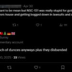 A screenshot of a Twitter conversation between an unidentified user and Colwell. The user states: "I don't want to be mean, but NSC-131 was really stupid for going in front of the mayor's house and getting bogged down in lawsuits and a conflict with Patriot Front." Colwell replies "They're all a bunch of dunces anyways plus they disbanded."