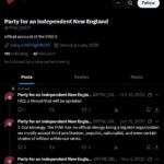 A screenshot of a Twitter profile belonging to Colwell's "Party for an Independent New England" account. The bio reads "official account of the PINES," and it was registered during January 2020. The pinned post and following thread is included. It reads: "FAQ: a thread that will be updated. 1. Our ideology: The PINE has no official ideology, being a big tent organization, we mostly accept third positionism, populist, nationalist, and even certain strains of leftism within our ranks. Who do we endorse: nobody. Do we have a subreddit? Yes. /r/PINEparty."