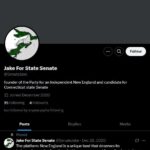 A screenshot of a Twitter profile belonging to Colwell's "Jake For State Senate" account. The bio reads "founder of the Party for an Independent New England and candidate for Connecticut State Senate," and it was registered during December 2020. The pinned post is included. It reads: "The platform: New England is a unique land that deserves its independence, the American jackboot never cared for us, it's time to leave the union."