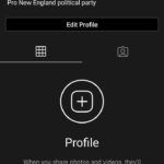 A screenshot of an Instagram profile belonging to Colwell's "Party of Free New Englanders" account. The bio reads "official PFNE, pro New England political party." The profile photo is the "Lovecraftian New England" sigil.