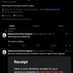 A screenshot of a Twitter profile belonging to Colwell's "National Front New England" account. The bio reads "New England separatist political party," and it was registered during January 2025. The most recent posts have been included. The most recent reads: "New England is everything. The rest is nothing." The next is a receipt for a $10 dollar donation to Shiloh Hendrix's GiveSendGo.