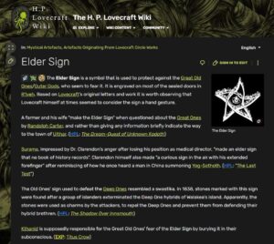 A screenshot of the H.P. Lovecraft Wiki's entry on the Elder Sign. The top photo is of the traditional Elder Sign, a distorted five-point star.
