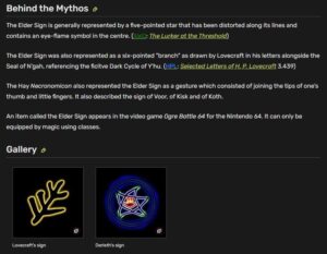A screenshot of the H.P. Lovecraft Wiki's entry on the Elder Sign. It contains a small gallery of elder sign designs, including Lovecraft's original six-pointed branch design. This design is used in the Lovecraftian New England flag co-opted by Colwell.