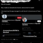 A screenshot of a post made by a Twitter user, anonymized as "an otherwise uninvolved sex worker," dated April 4th, 2023, commenting on impostor accounts mimicking the user's branding. It reads: "This shit is weird. Like, I made an exceptionally bizarre, niche name for myself. I do enjoy how this guy managed to call himself a Connoisseur of Tops, but..." The post includes screenshots of two impostor accounts.