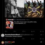 A screenshot of a Twitter thread by Colwell, via his Pray2Sunny account. Colwell indicates that his politics four years ago are best represented by a black-and-white photo of the leadership of the Nazi Party, standing in a row, and that his politics today are best represented by a photo of several white men in camo throwing Roman salutes and posing with an Atomwaffen flag. A reply asks "Is Atomwaffen relevant anymore?" Colwell replies "Unfortunately no".