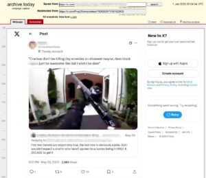 An archive.today post of a retweet made by Collwell via his Pray2Sunny account. It includes a still of the Christchurch shooter's livestream, identifiable by the decorations on his rifle.