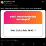 A screenshot of a Twitter post by Colwell, via his Pray2Sunny account, dated May 11th, 2025. An attached image from an NGL.link question asks Colwell "Wait, [that woman with whom you're obsessed] is in 764???" Colwell replies "Was a troll giving me bad info... Too bad, I'd love to see her downfall."