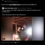 A screenshot of a Twitter quote-tweet by Colwell, via his Pray2Sunny account, dated May 24th, 2025. The quoted tweet reads "Family calls 911 for held and cop aims taser at disable child. This is why people think of cops as terrorists!" Colwell replies "If only it were [the woman with whom I'm obsessed] that were terrorized like this."
