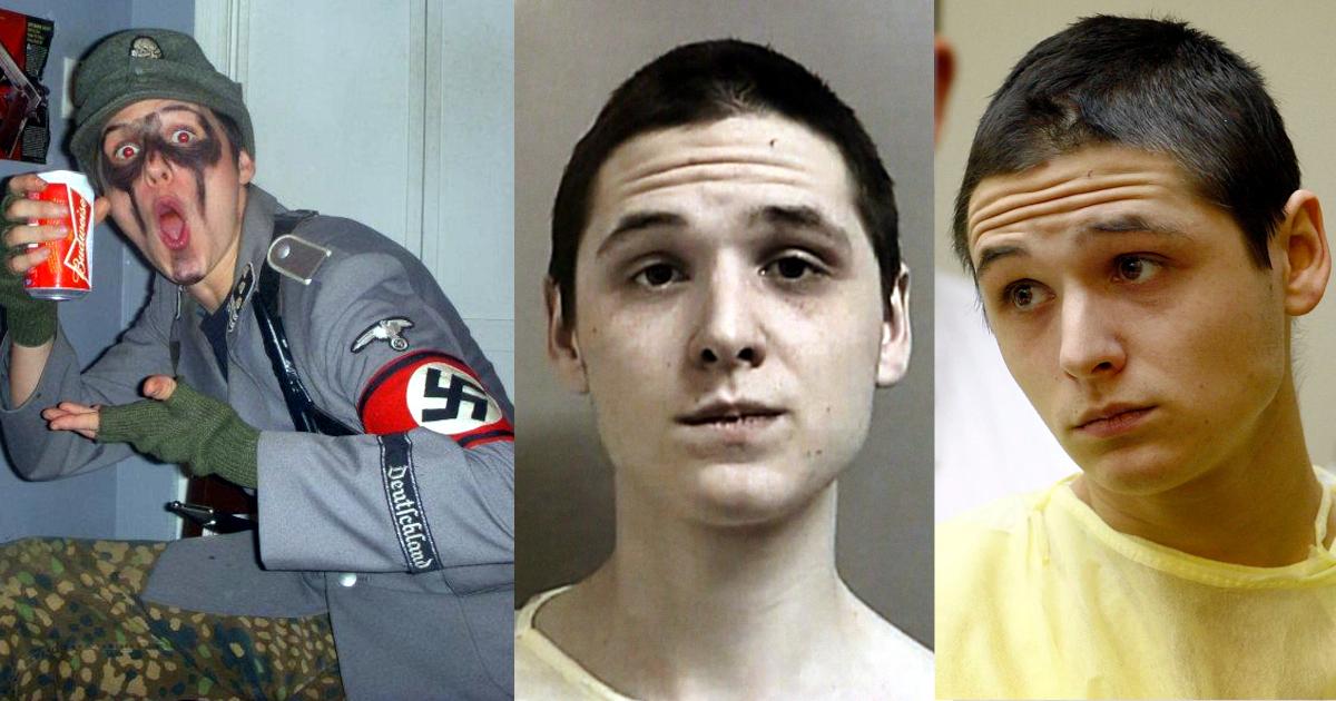 A triptych of images of Mike Beaudry of Bridgewater MA. The first is of Beaudry circa October 2011. He is sitting in what is apparently a basement, gesturing to a can of Budweiser. He is wearing a replica Nazi military uniform, featuring a totenkopf on the hat, SS bolts on the collar, a Nazi Reichsadler and a red Nazi armband on the upper left sleeve, and a "Deutschland" arm ribbon on the lower left sleeve. The second is a mug shot of Beaudry, taken February 4th, 2013. The third is a photo of Beaudry in court during his arraignment for the murder of his father, taken February 5th, 2013.