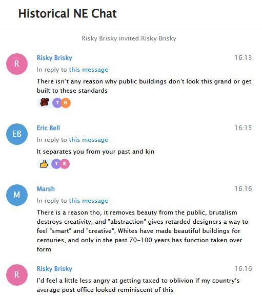 A screenshot of Brooks joining the Historical New England chat on Telegram, then rambling about how he wishes public buildings in America looked nicer.
