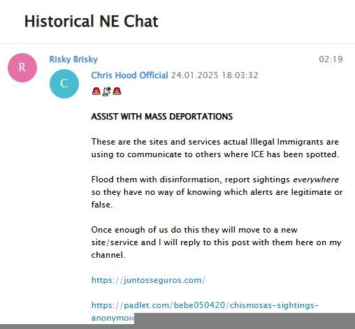 A screenshot of Brooks in the Historical New England chat, sharing a post from Chris Hood's official Telegram channel about assisting with mass deportations and sabotaging undocumented immigrant services.