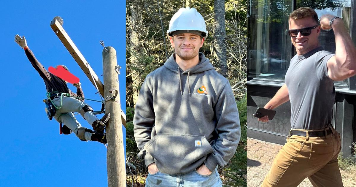 A triptych of images from various points in the life of Brandon Brooks, a white man with brown hair and a muscular build, of Vinalhaven ME. The first is a photo of Brooks atop a utility pole circa 2023. He is dressed in jeans a long-sleeve shirt, as well as climbing harness and climbing spikes on his boots. His arm is extended in what is conceivably a Roman salute. The second is the photo of Brooks posted by the Fox Islands Electric Cooperative circa January 2024. Brooks wears an F.I.E.C.-branded hoodie and a white hardhat, and has tucked his hands into his jeans' pockets. He smiles blankly. The third is a photo of Brooks taken by an antifascist activist in Bangor ME. Brooks, wearing khakis, a gray t-shit, and sunglasses, is walking away while turned slightly toward the cameraperson. He is grinning, holding his phone with his right hand, and flexing his left bicep.