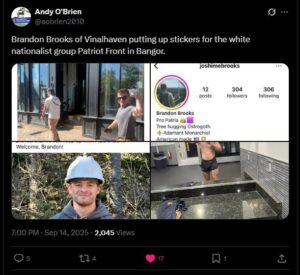 Andy O'Brien recirculating Brandon Brooks's initial identification over Twitter, including photos from Brooks's Instagram account, September 14th, 2025.