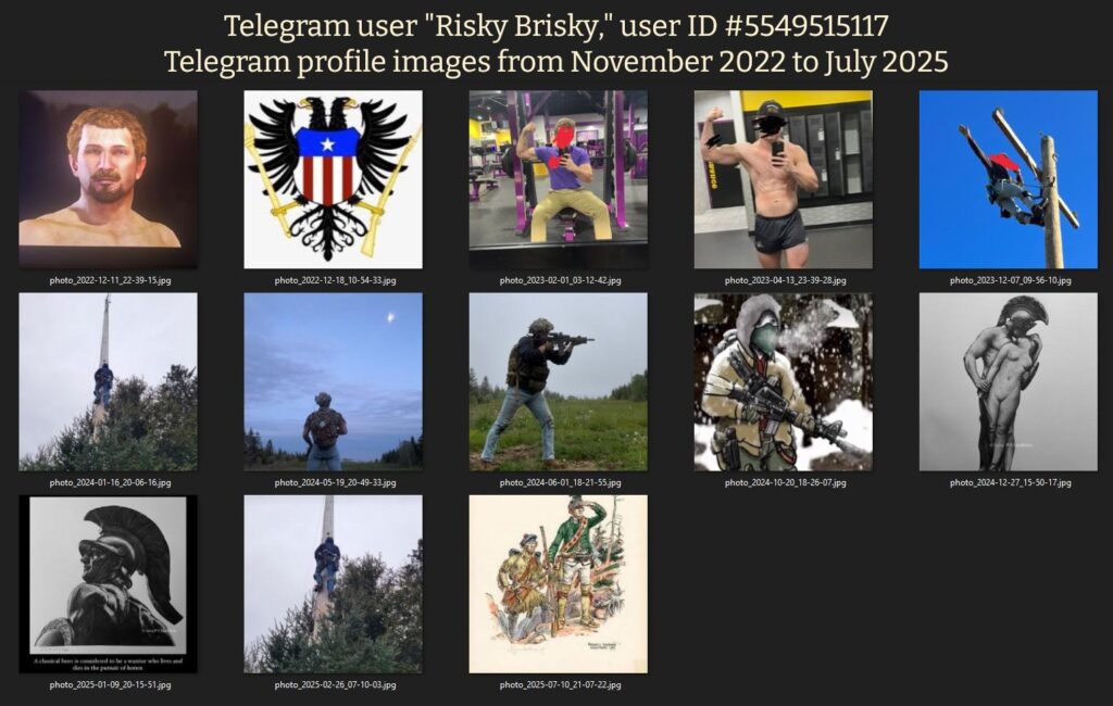 An array of Telegram profile photos, which include several photos of Brooks working power lines (one of which seems to have him throwing a sieg heil) and taking gym selfies.