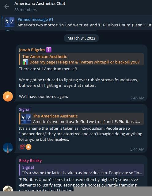 Brooks to a Telegram chat, stating the following, edited for clarity: "‘E Pluribus Unum’ seems to be used often by higher IQ subversive elements to justify acquiescing to the hordes currently trampling over our hard earned borders."