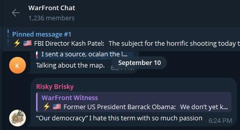 Brooks to a Telegram chat, stating the following, edited for clarity: "'Our democracy,' I hate this term with so much passion."