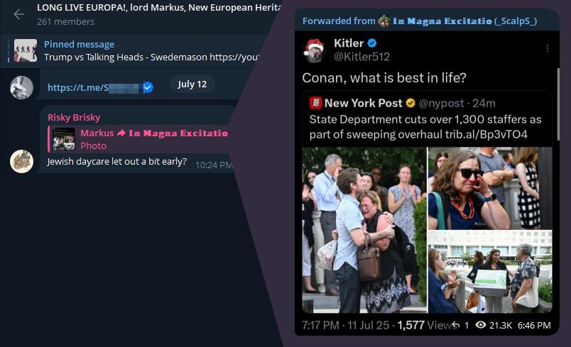 Brooks to a Telegram chat, in reply to another post gloating about over 1k jobs being cut by the U.S. State Department, stating the following, edited for clarity: "Jewish daycare let out a bit early?"
