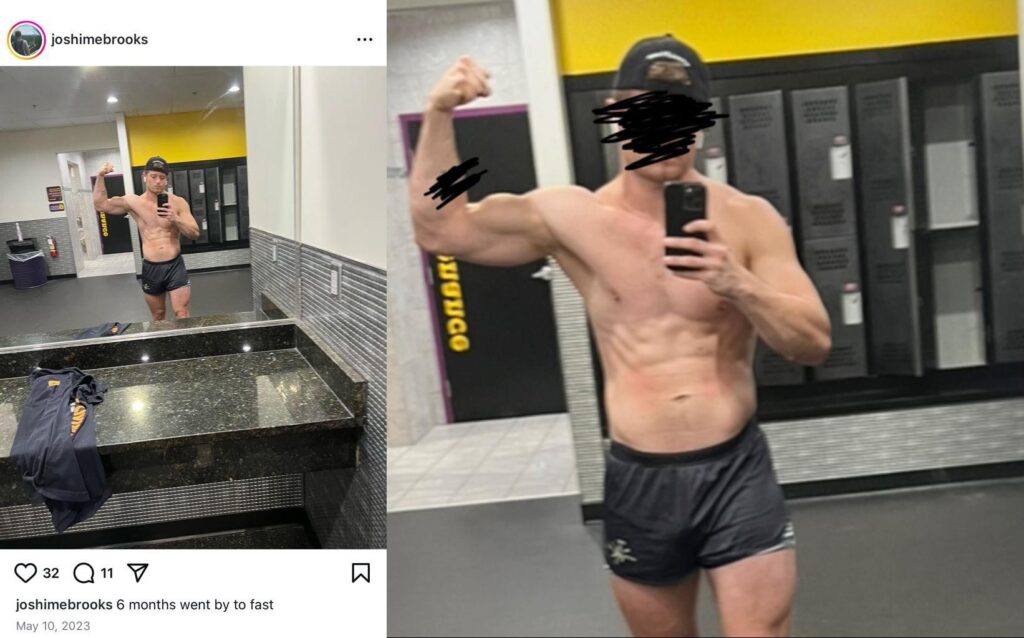 A comparison of a gym selfie taken from Brooks's Instagram account, and the same photo redacted for use as a Telegram profile photo. Brooks is wearing small black gym trunks and a black baseball cap. He has a tattoo on his right arm; that tattoo, as well as his face, are redacted in the version used for Telegram.