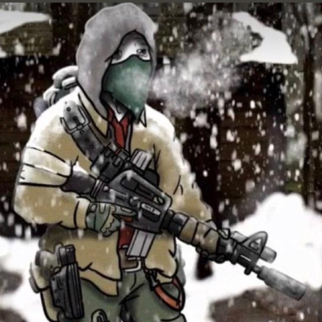 A piece of digital artwork depicting a masked Doomer Wojak, carrying a silenced assault rifle and standing in the snow.