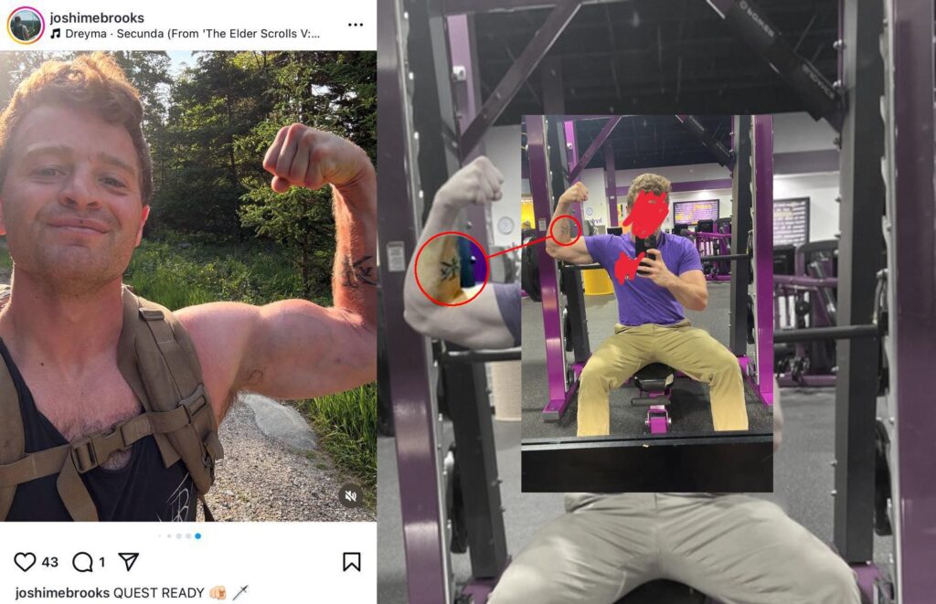 A comparison of a hiking selfie from Instagram and a gym selfie used as a Telegram profile photo, both apparently taken by Brooks. In the hiking selfie, Brooks is flexing his right arm, putting a forearm tattoo on prominent display. In the gym selfie, that same tattoo is visible on Brooks's right arm, while his face is redacted.
