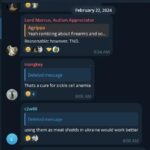 A screenshot of a "Silver Stackers" Telegram chat, the name surrounded by a pair of lightning bolt emojis, dated February 22nd, 2024. Participants, named, say the following:

Lord Markus, Autism Appreciator: "Reasonable; however, [total n-slur death]."

Hongkey, replying to a deleted message: "That's a cure for sickle cell anemia."

c2w88: "Using them as meat shields in Ukraine would work better."

Joseph Behling, as Agrippa, replying directly to Lord Markus's remarks about "TND": "I don't disagree, lol, there's just a time and place is all."
