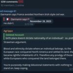 A screenshot of a "Global Intel Watch comments" Telegram chat, marked as a "fake" chat (that is, a chat that was not what it said it was, the members still behaved like it was a real chat), dated November 28th, 2023. Participants, named, say the following:

Joseph Behling, as Agrippa: "Strawman argument. Blood and ethnicity dictate where an individual belongs. As the European race conquered North America and settled its land, they became rightful inhabitants of it. Therefore any prodigy of those white Europeans who conquered the land belonged there. You’re purposely making delusional statements with nothing to stand on, keep coping."