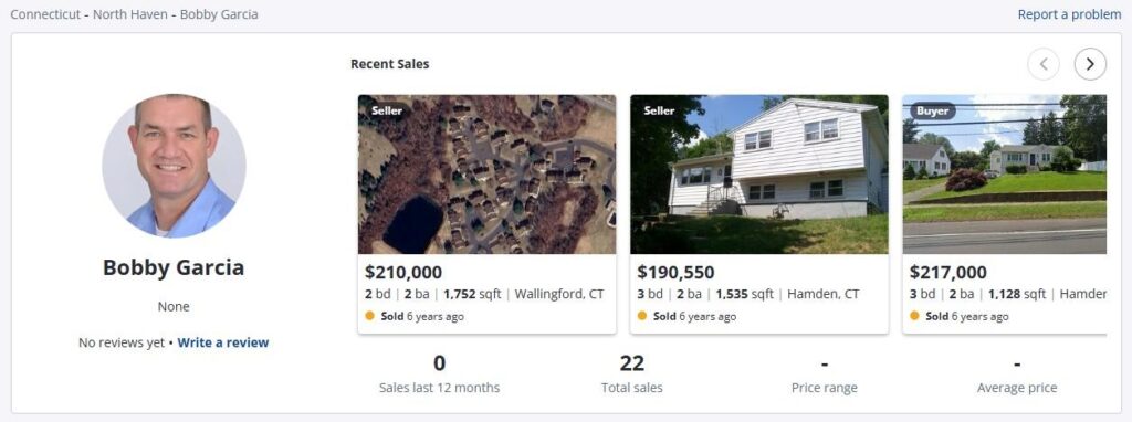 A screenshot of a Zillow profile belonging to Bobby Garcia of Killingworth CT. At the time of North Haven CT, the profile lists Garcia as having sold 22 homes. The profile image of Garcia is likely from 2002 or thereabouts, as he looks to be in his late 40s or early 50s.