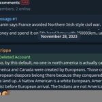 A screenshot of a "Global Intel Watch comments" Telegram chat, marked as a "fake" chat (that is, a chat that was not what it said it was, the members still behaved like it was a real chat), dated November 28th, 2023. Participants, named, say the following:

Joseph Behling, as Agrippa, replying to a message from a deleted account: "America and Canada were created by Europeans. Those of the European diaspora belong there because they conquered and built the land up. A Native American is a white European, America did not exist before European arrival. The Indians are not American."
